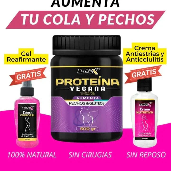 Proteína Vegana Para Aumentar Pechos y Glúteos (+ Gel Reafirmante + Crema Anti estrias/Anti Celulitis)